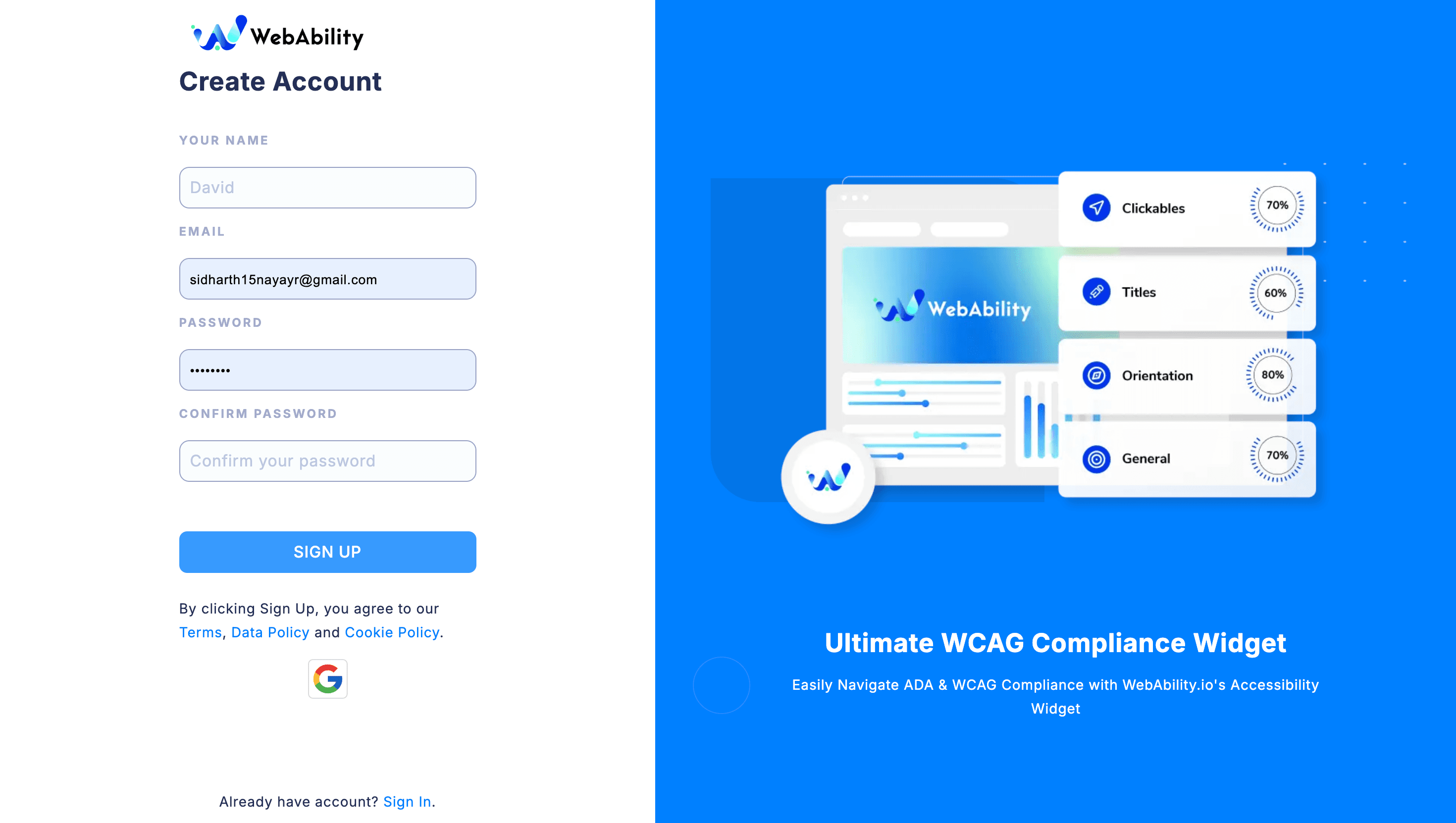 Web Ability Sign up page