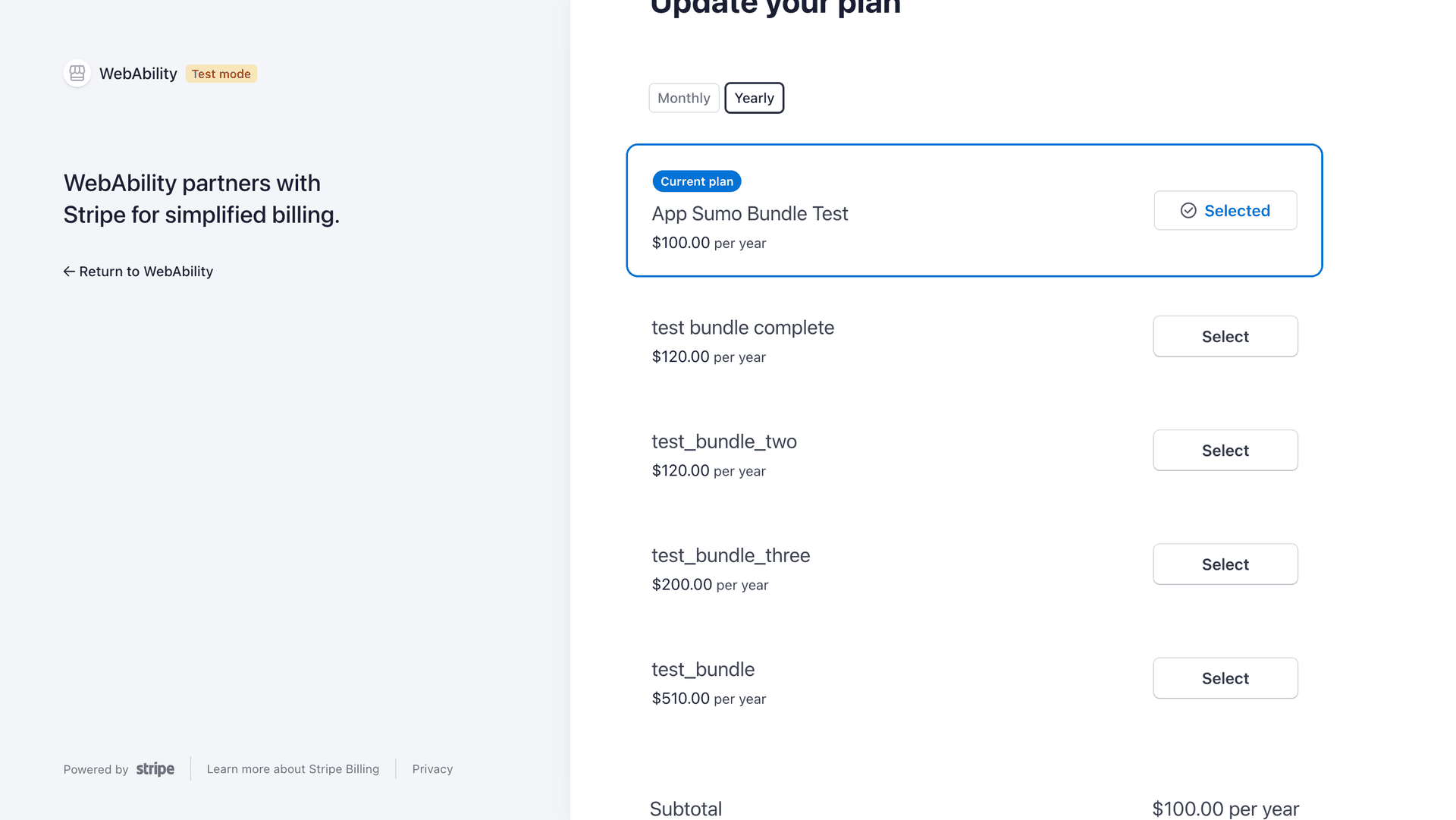 Web Ability Billing Portal Update Plan