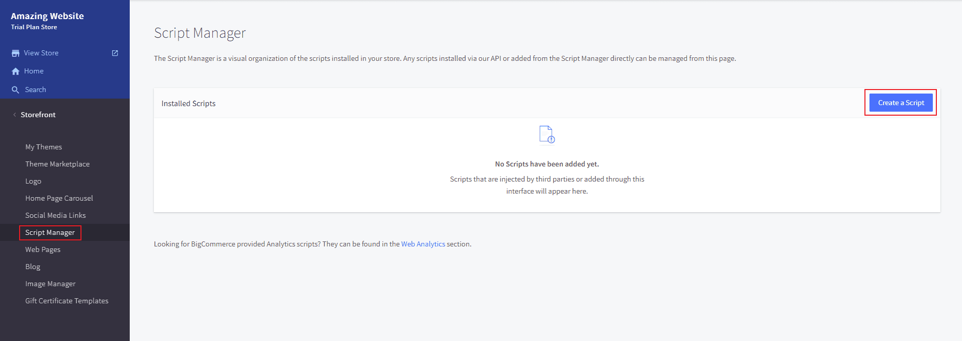 Screenshot of BigCommerce Dashboard Script Manager Section