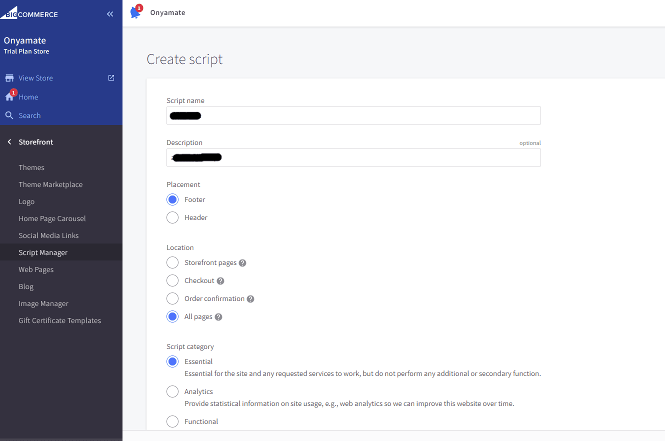 Screenshot of BigCommerce Dashboard Script Manager Create Script