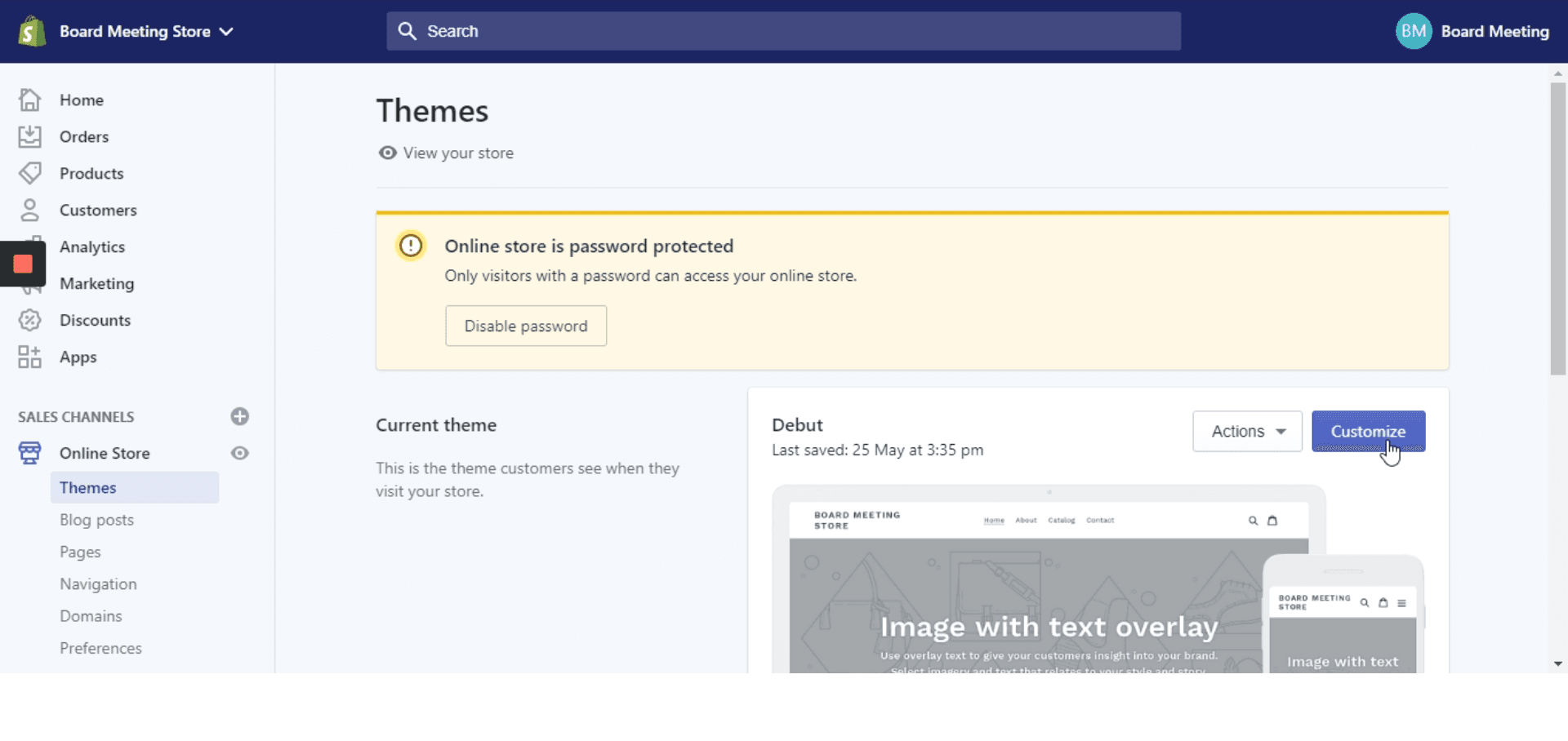 Screenshot of Shopify Admin Page Customize Option