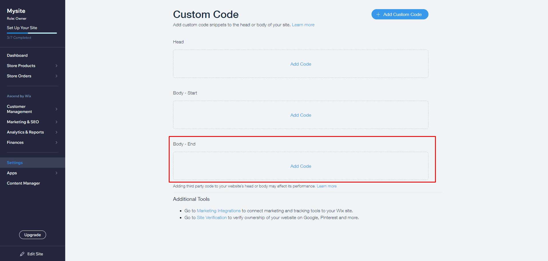 Screenshot of Wix Custom Code Panel Add Option