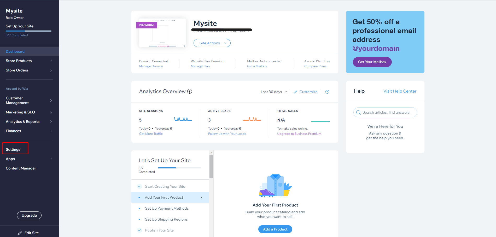 Screenshot of Wix Dashboard