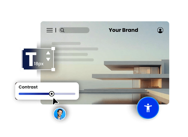 IT website mockup showing typography controls, contrast slider, and accessibility features for tech platforms