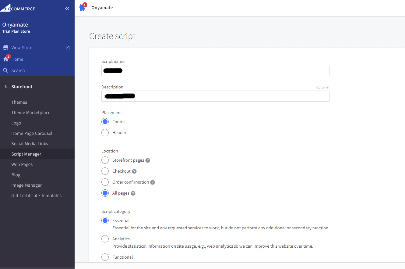 Screenshot of BigCommerce Dashboard Script Manager Create Script Screenshot of BigCommerce Dashboard Script Manager Create Script