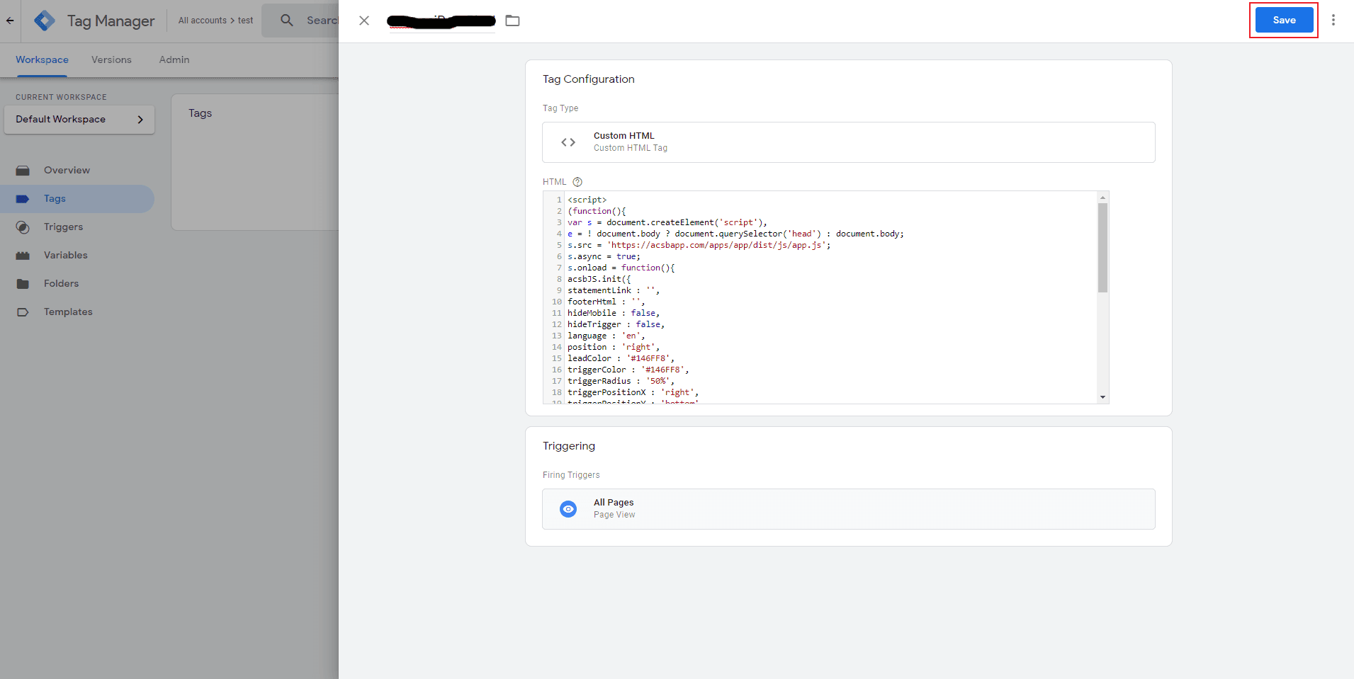 Screenshot of Google Tag Manager Save Screenshot of Google Tag Manager Save