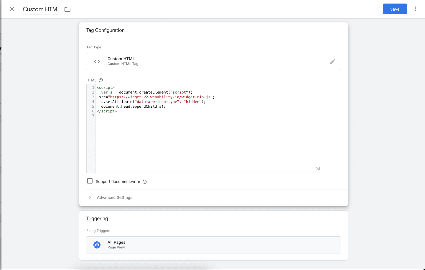 Screenshot of Google Tag Manager Tag Custom HTML Triggering Screenshot of Google Tag Manager Tag Custom HTML Triggering