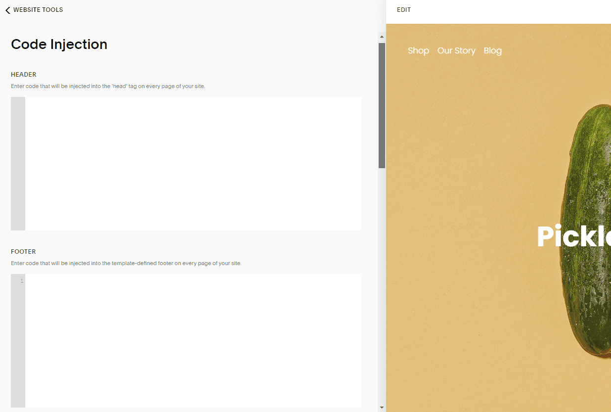 Screenshot of SquareSpace Dashboard Website Tools Code Injection SquareSpace Dashboard Website Tools Code Injection