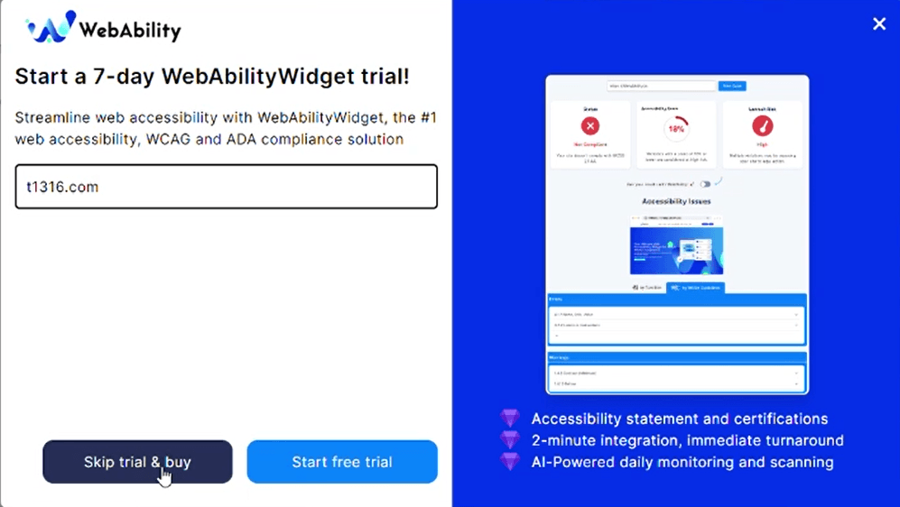 Screenshot of WebAbility Trial Modal Screenshot of WebAbility Trial Modal
