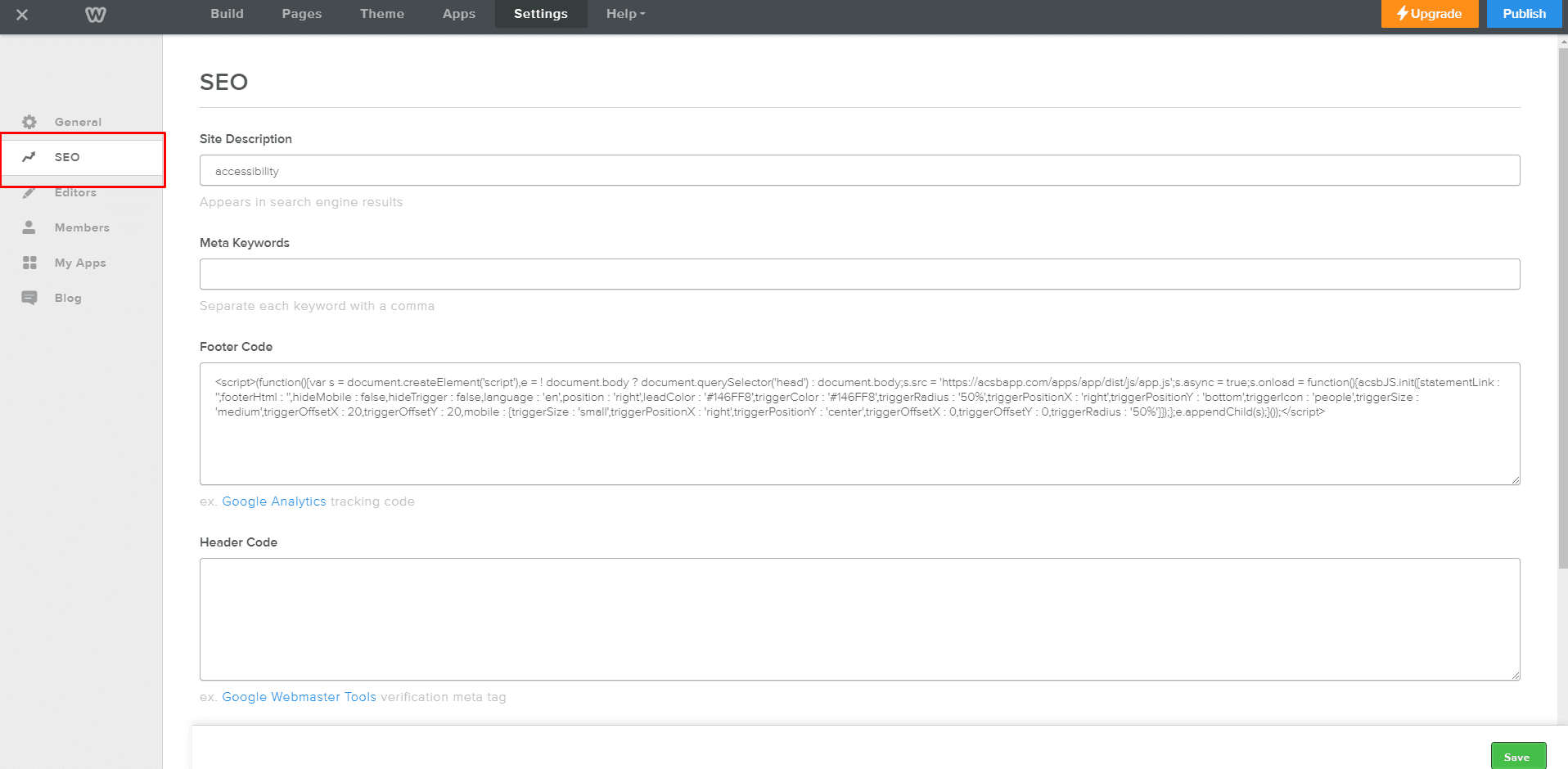 Screenshot of Weebly Website Editor SEO Section Screenshot of Weebly Website Editor SEO Section