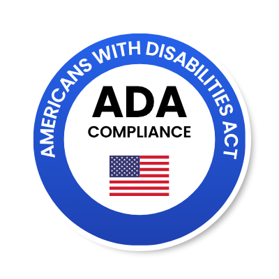 Americans with Disabilities Act, ADA Compliance badge with a blue circular border and an American flag